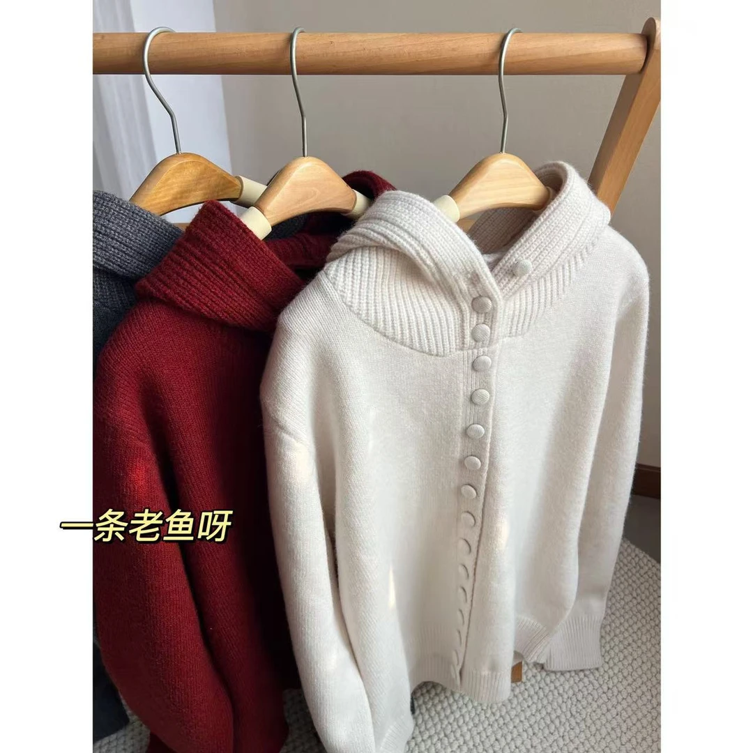 R 排扣连帽毛衣女 秋冬加厚毛衣外套百搭