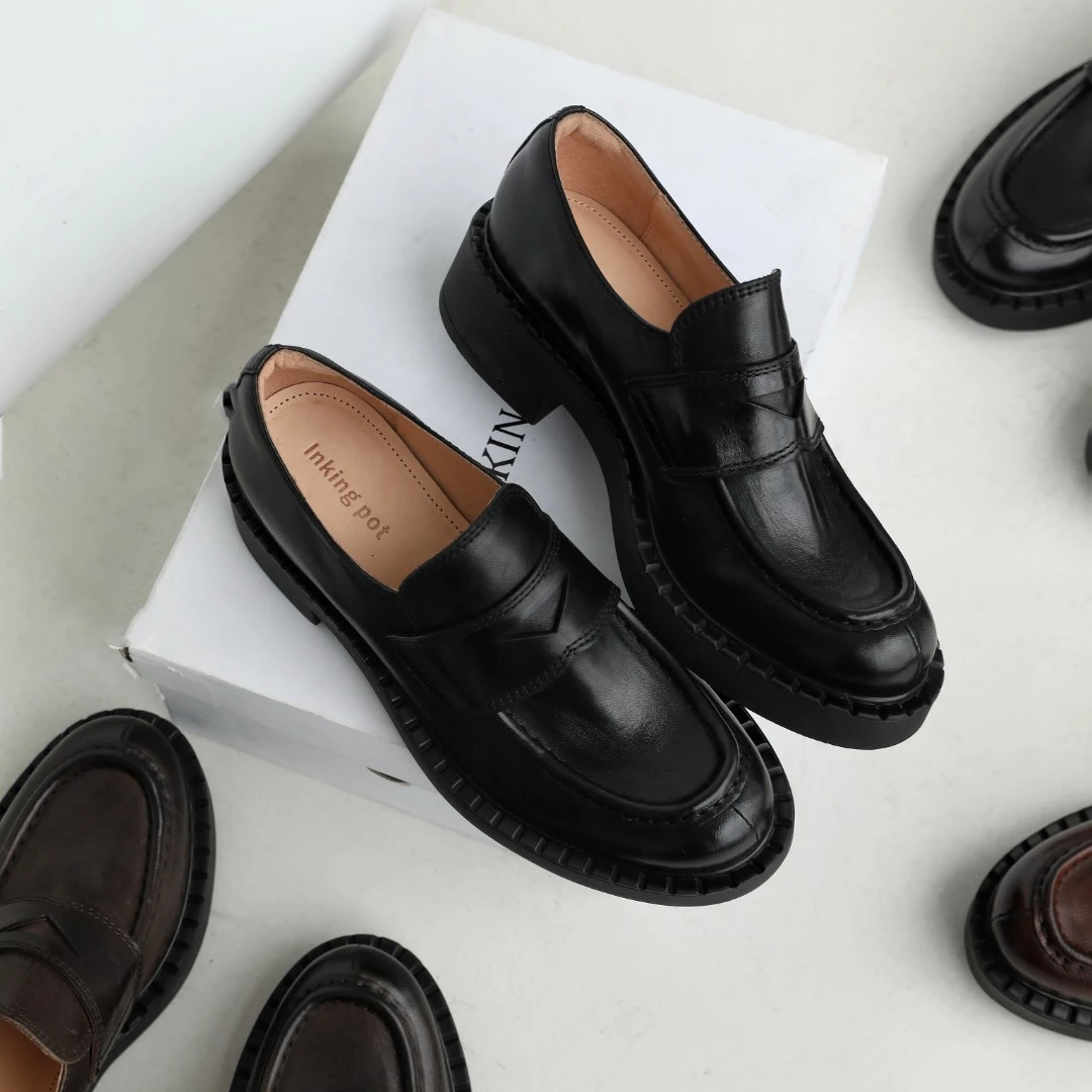 英伦风单鞋里外全马皮乐福鞋粗跟胎水牛乐厚底皮鞋