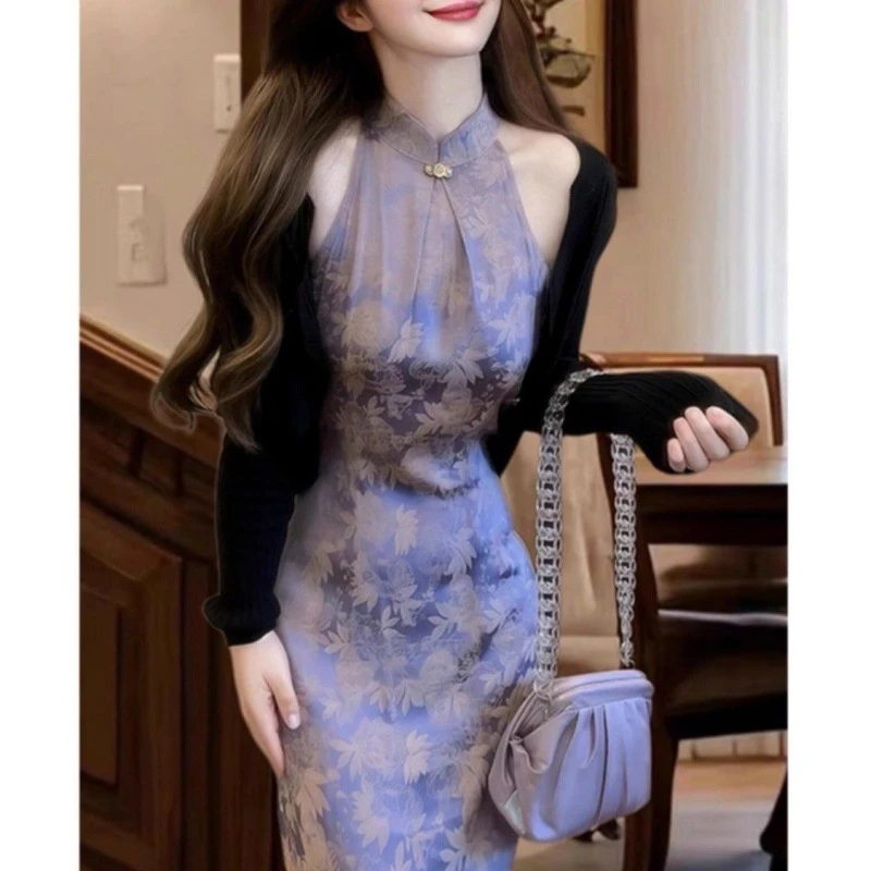 新中式气质高级紫色印花连衣裙女2025初夏新款国风挂脖旗袍长裙子