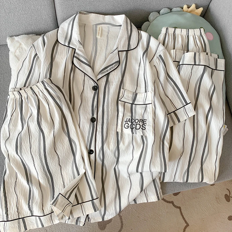 日系简约条纹睡衣女夏季ins开衫格纹短袖短裤情侣三件套装家居服