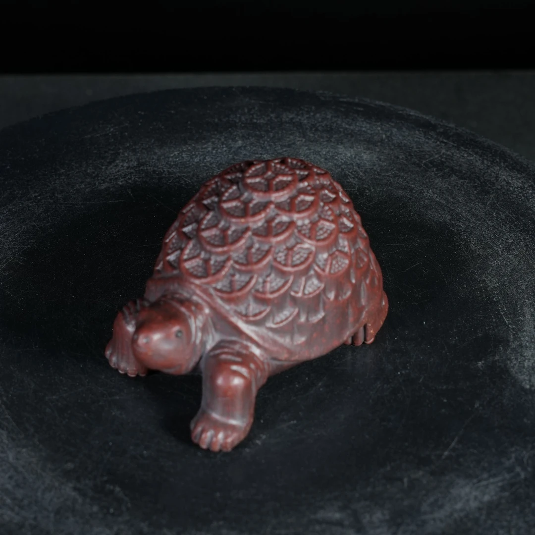 宜兴原矿高温石红雕塑《金钱龟》紫砂手工茶宠茶玩茶道摆件