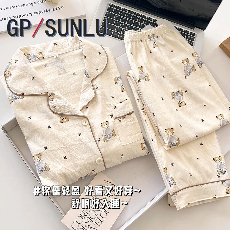 日本小众GP甜美可爱小熊印花睡衣女款春秋季棉绸长袖甜美卡通大尺