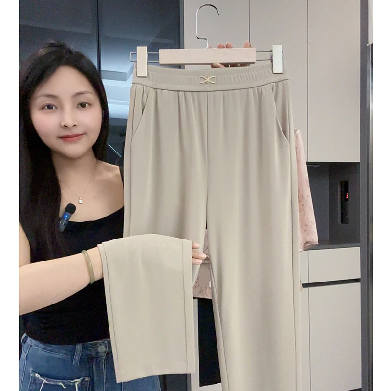 夏季薄款高腰女休闲裤弹力百搭大码女冰凉裤舒适休闲裤烟管裤
