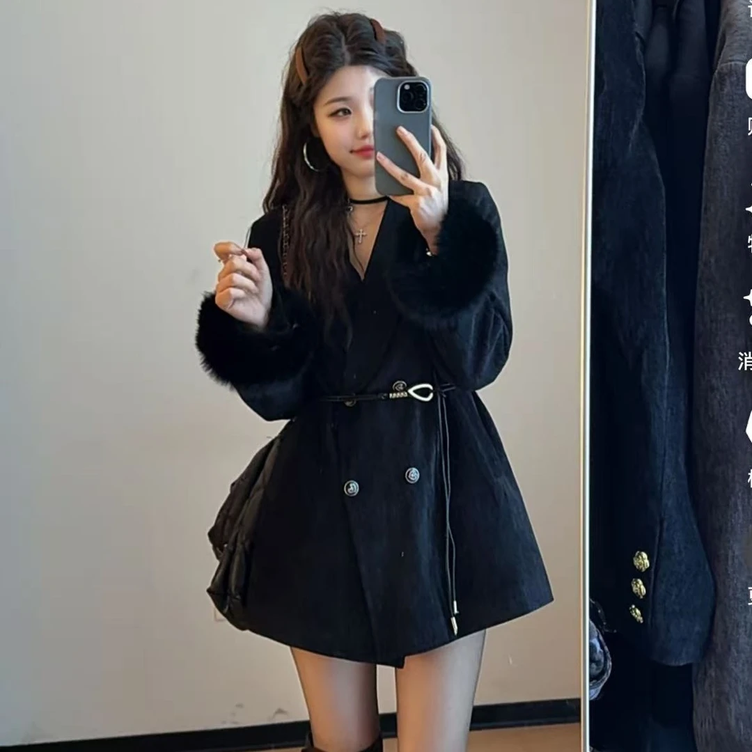 狐狸毛圈袖口90白鸭绒西服外套时尚显瘦气质收腰女装【2526】