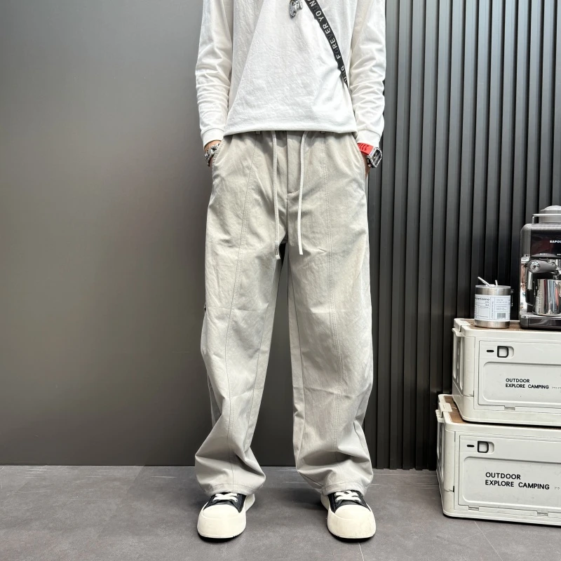 纯色弯刀松紧腰抽绳2025秋季新款男士百搭男男士纯色抽绳直筒长裤