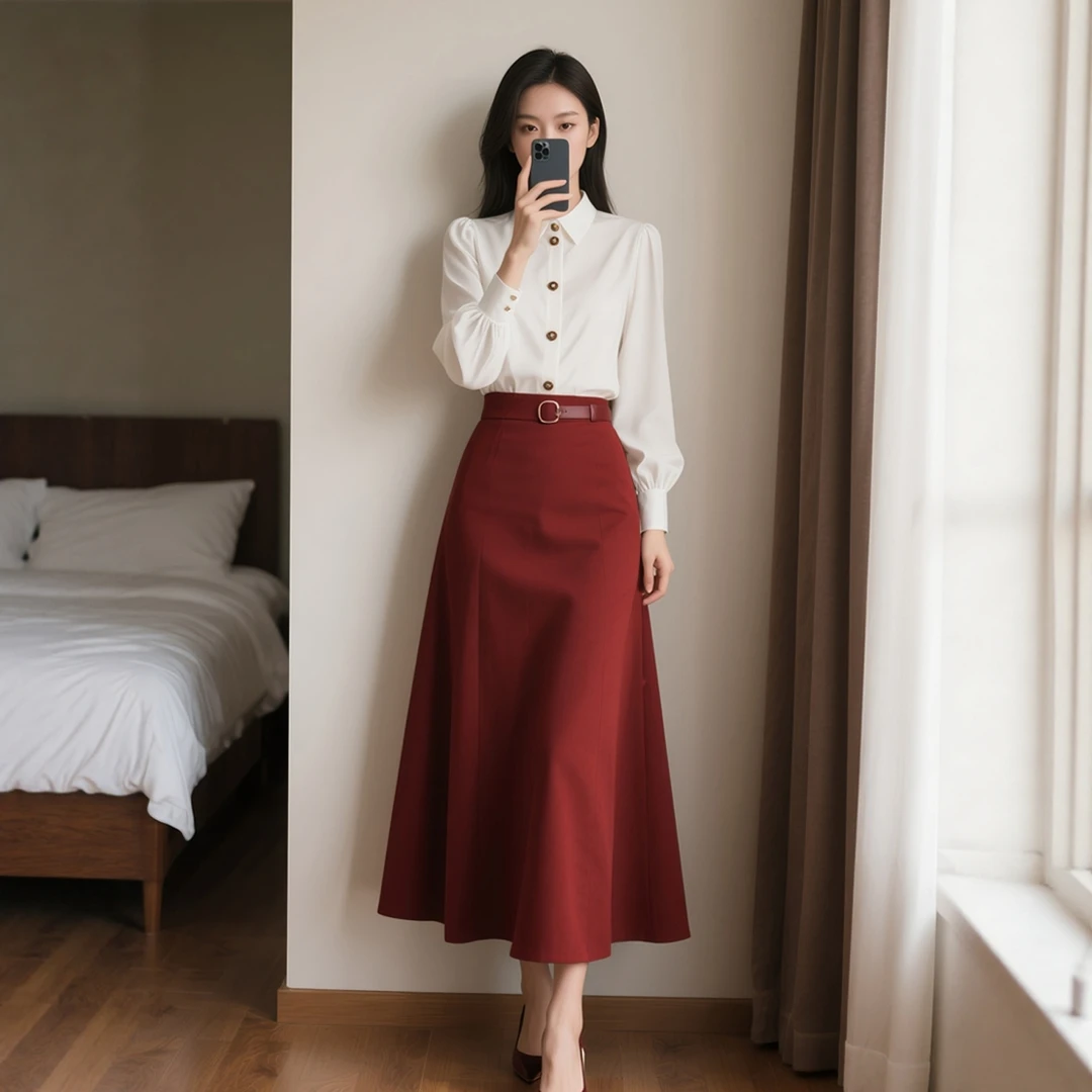 早秋季新款女装时尚穿搭法式复古衬衫两件套装半身裙子通勤轻熟风