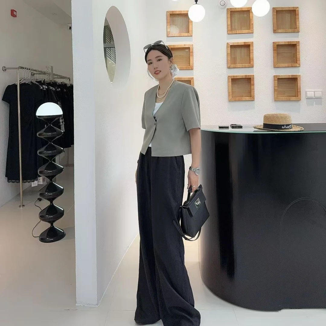 林林 今日必备夏日亚麻垂垂拖地裤松紧腰显瘦直筒长裤