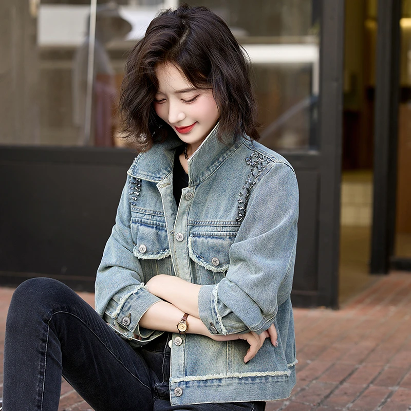 重工钉珠港风牛仔短外套女短款2025年春新款高级感小个子夹克上衣