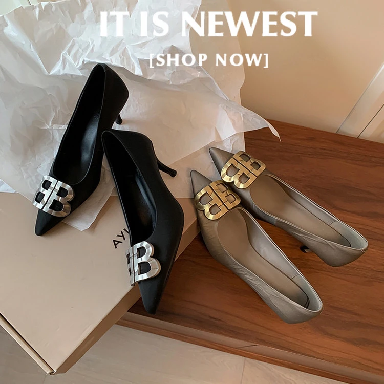 【蔻牌女鞋】6cm单鞋新款时尚气质高跟鞋百搭尖头双字母真皮高跟鞋