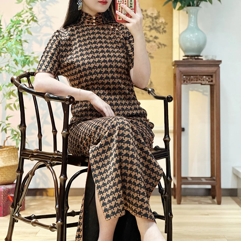 月下微凉｜千鸟纹40姆米重缎香云纱后插肩四分袖无省修身复古旗袍