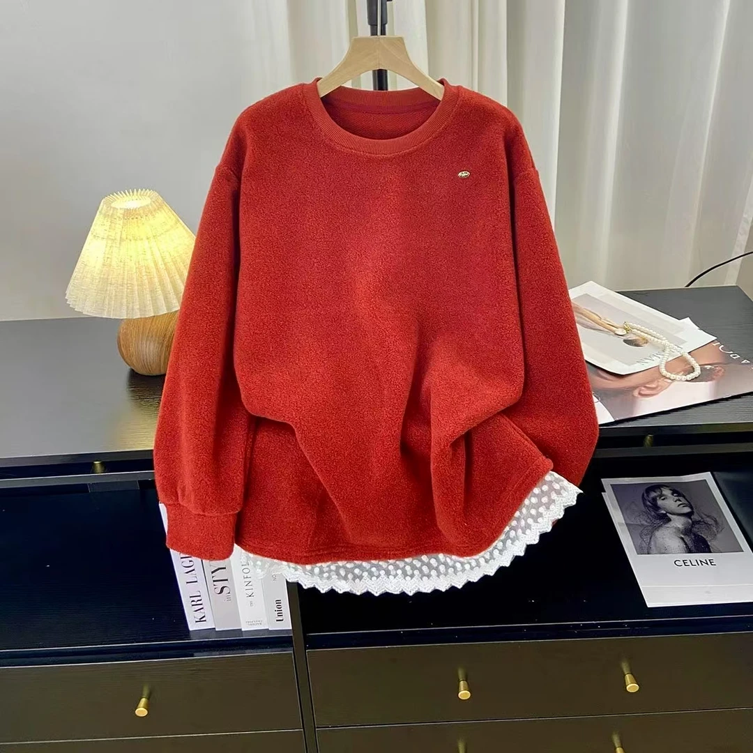 冬季新款蕾丝拼接圆领字母标针织毛衣