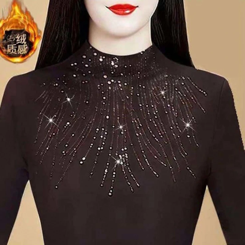 加厚德绒打底衫女秋冬新款洋气妈妈内搭显瘦半高领镶钻长袖上衣女