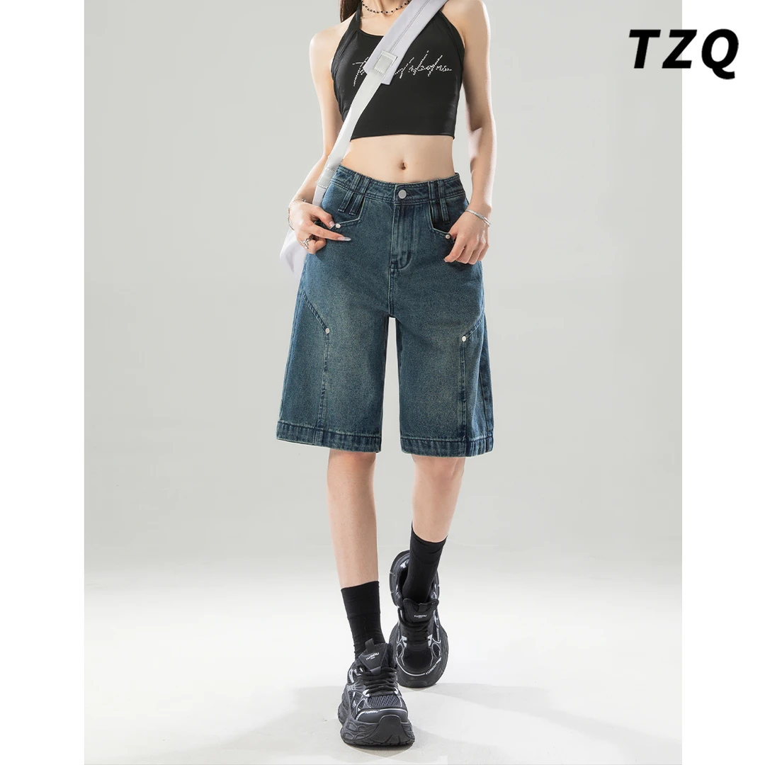 美式五分阔腿牛仔短裤女爆款2025新款夏季高腰显瘦裤子TZQ2531014