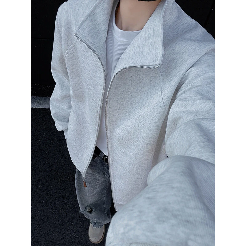 美式高街复古cleanfit开衫卫衣男春秋季立领廓形裁剪设计拉链外套