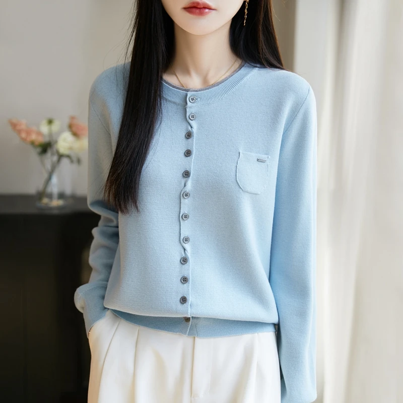 爆款春夏显瘦长袖针织开衫外套气质百搭带兜扭扣开衫时尚撞色圆领