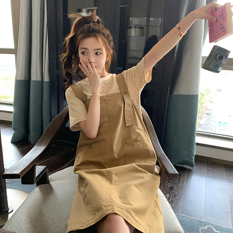 2024夏季新款法式桔梗卡其色背带裙小个子学院风洋气减龄连衣裙女