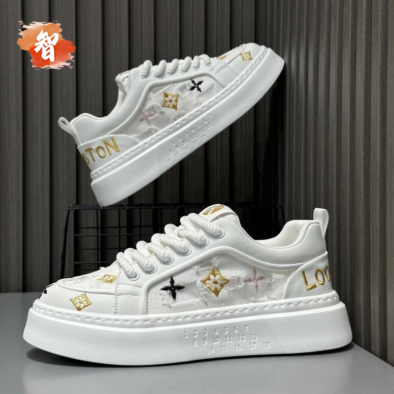 智冶男鞋2025夏季新款厚底布面透气时尚系带百搭增高运动休闲板鞋