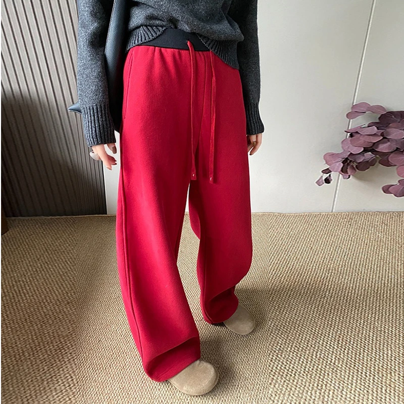 2025春季红色百搭运动裤女新款香蕉裤休闲裤阔腿裤春款弯刀卫裤