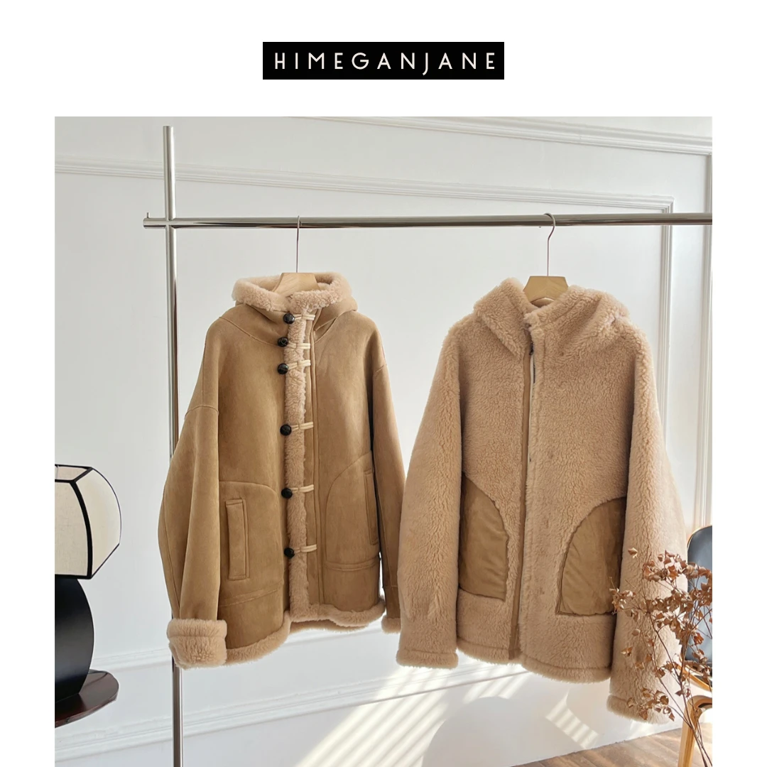 HIMEGANJANE冬季两穿连帽羊毛混纺外套廓形洋气保暖115