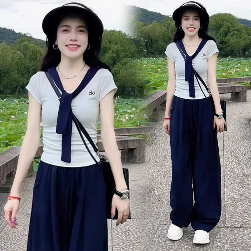 时尚套装女2025夏季新款洋气显瘦海军蓝短袖T恤阔腿裤休闲两件套