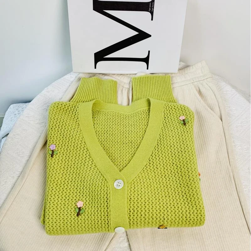 清-黄绿多彩小花秋季针织开衫292613