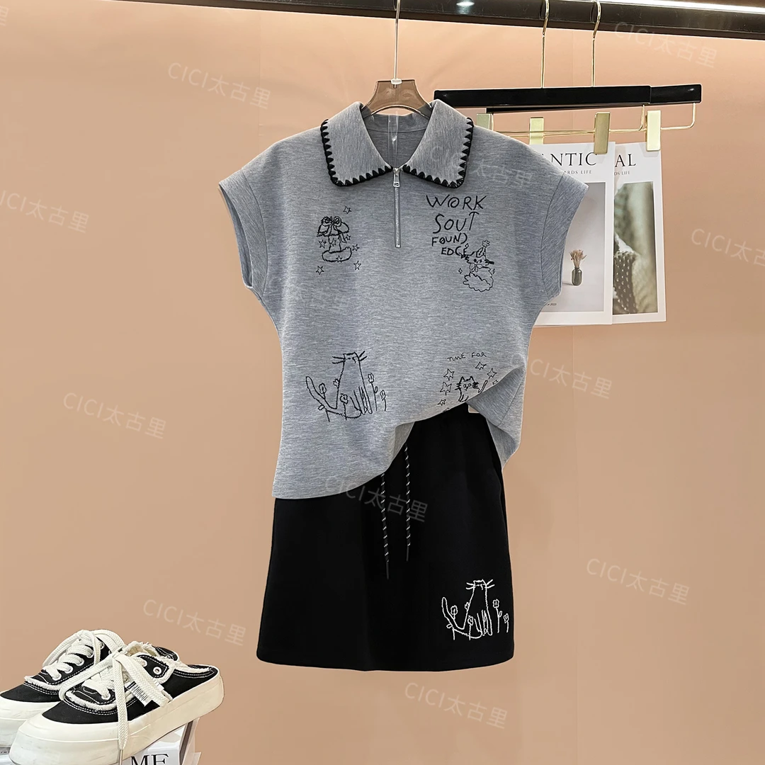 夏款休闲猫咪刺绣短袖T恤+高腰半身裙女LL-4000171