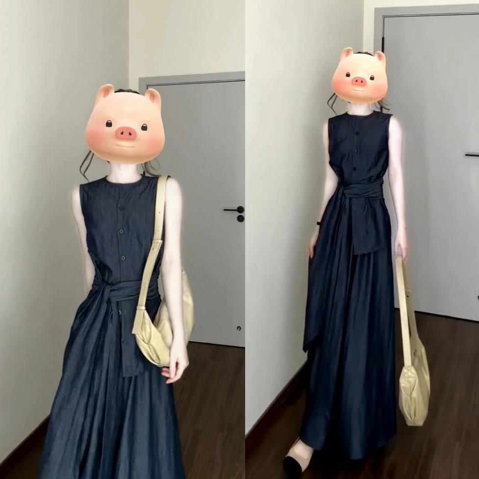 小众高级感老钱风套装女2025夏季新款圆领无袖绑带上衣+A字半身裙