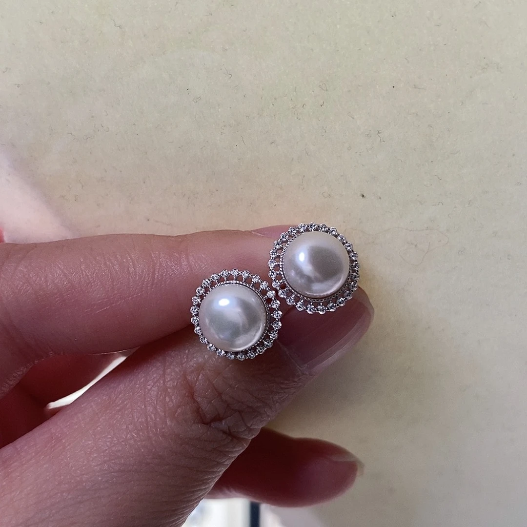 银S925镶嵌耳饰淡水珍珠8mm