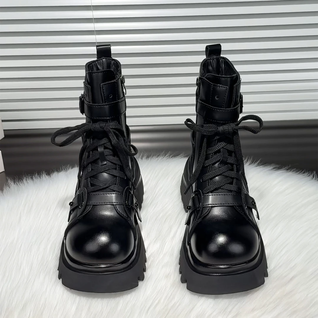 黑色复古英伦风增高厚底马丁靴女款2025新款秋季小个子酷帅风短靴