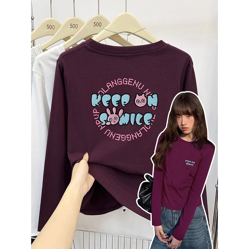 紫色显白洋气2025年新款正肩胖mm长袖t恤女弹力修身大码女装上衣