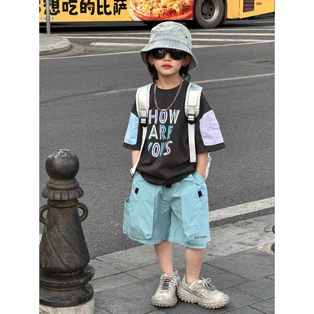 2025年新韩版男童T恤洋气百搭撞色帅气上衣短袖上衣时尚百搭潮酷