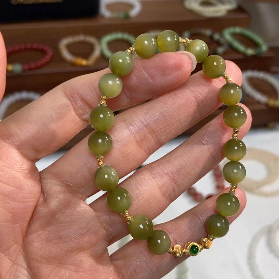 和田玉18K金镶嵌手链8mm黑阳洞碧玉猫精品