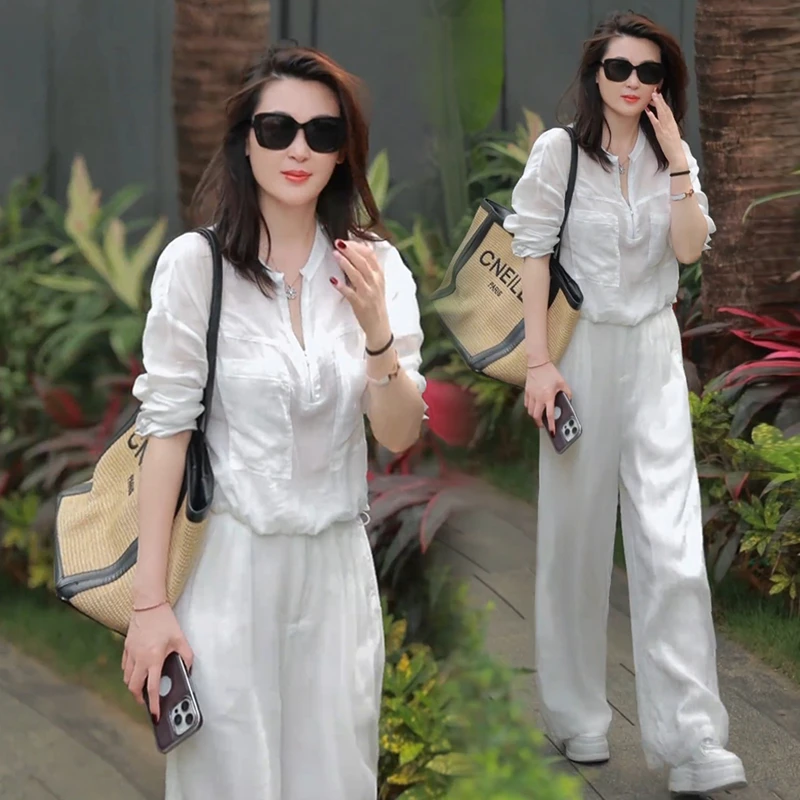 时尚套装女2025春季新款洋气宽松显瘦衬衫垂感阔腿裤休闲两件套潮
