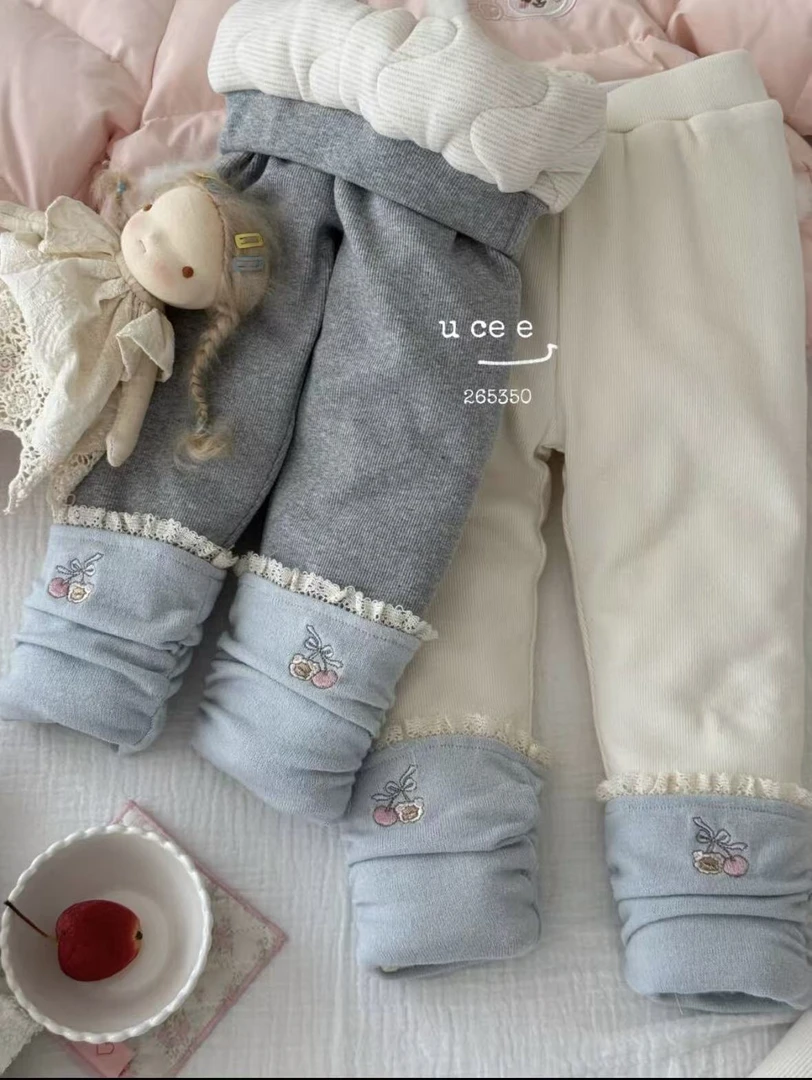 【米粒Kids】uc灰底蓝色堆堆加厚蚕丝棉打底裤265350