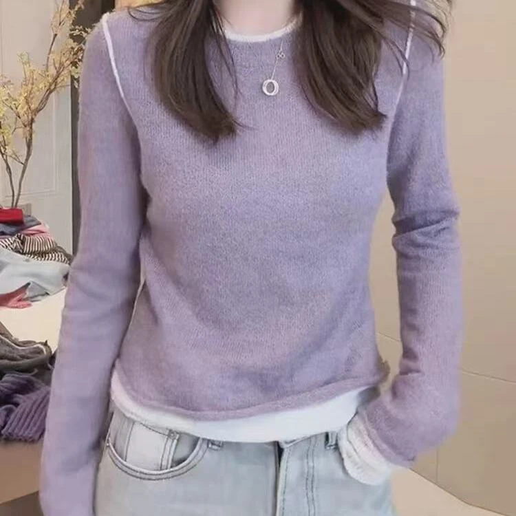 撞色假两件毛衣针织衫秋季甜美减龄显瘦套头打底衫气质长袖上衣女