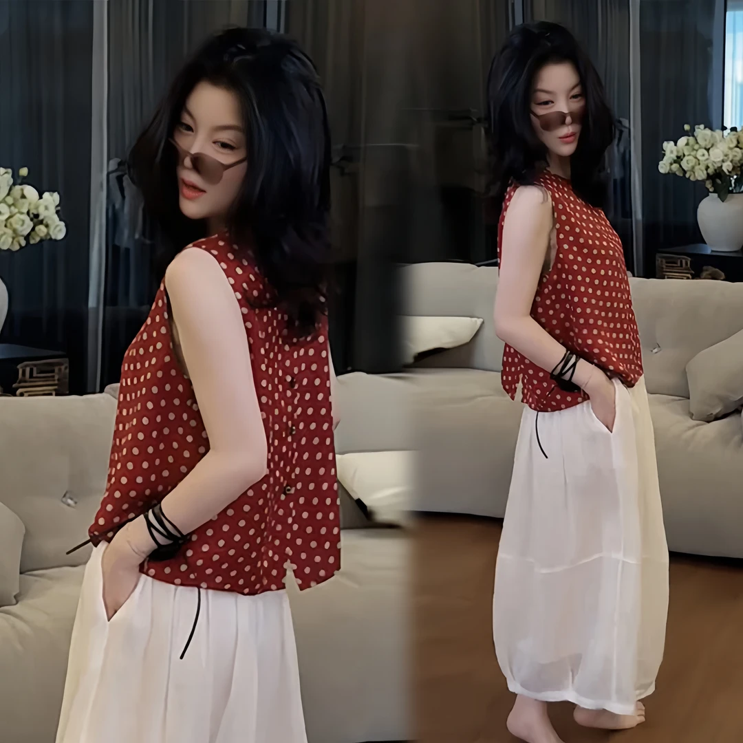 2025年法式复古波点无袖背心夏季日常新款设计感小众宽松女士套装