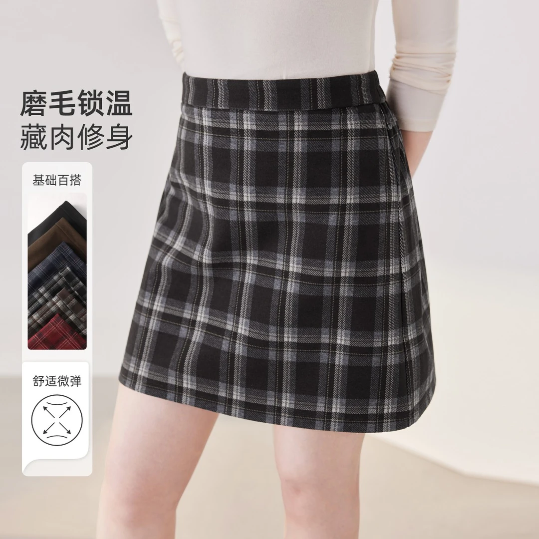 【现货-复古磨毛格纹】MsShe大码女2025秋遮胯短款A字半裙C2509047