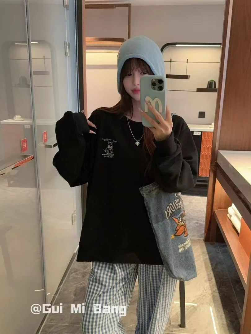 春季不加绒大码新款百搭时尚宽松潮流圆领可爱长袖卫衣女（16）