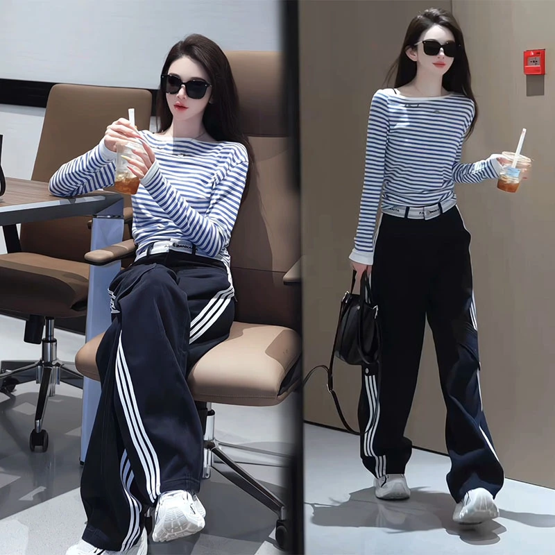 2025秋夏斜领条纹长袖T恤打底衫三条杠高腰窄版阔腿裤子两件套装