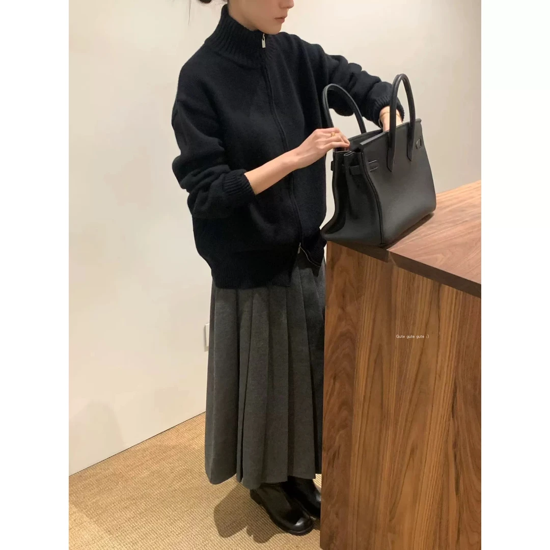 【粉风】东大门.FEBRUARY.11复古文艺立领双拉链针织开衫