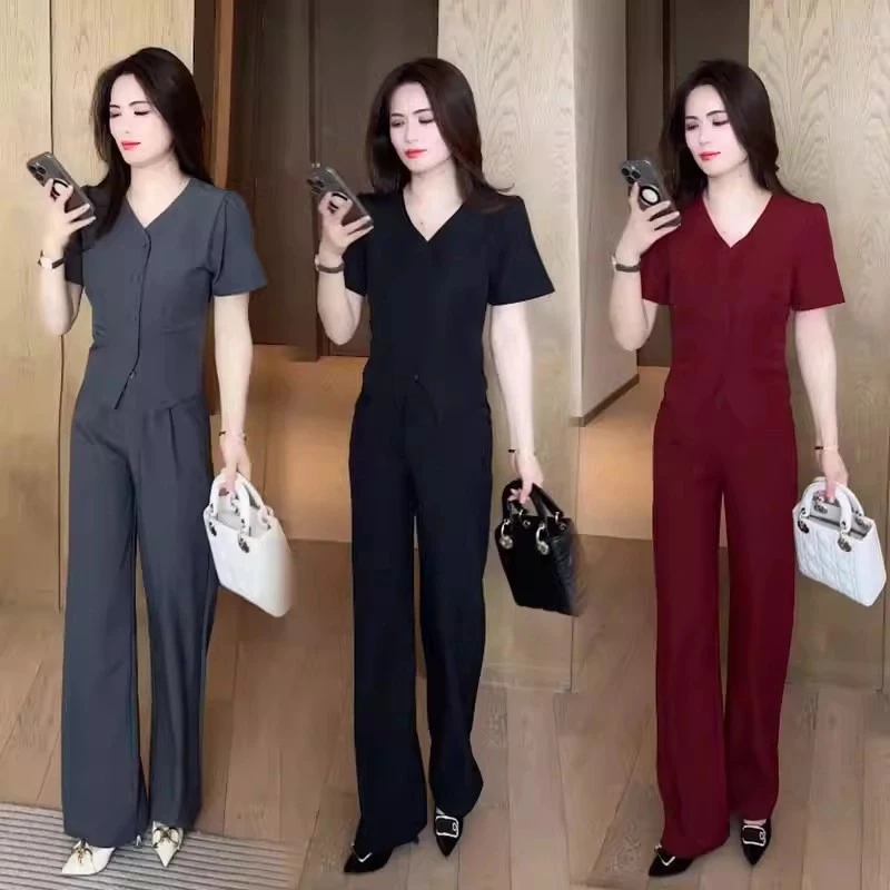 时尚套装女2025年夏季新款时尚气质休闲短袖上衣减龄阔腿裤两件套