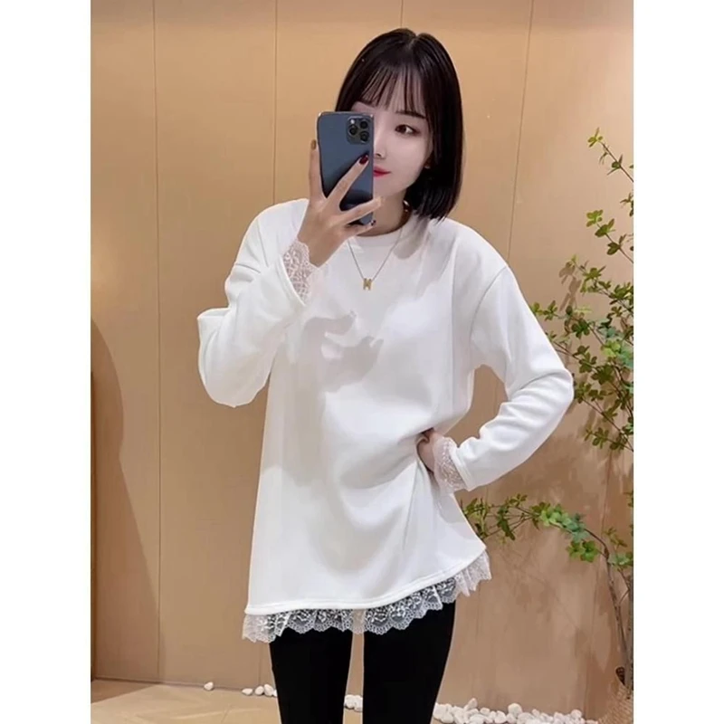 韩版白色蕾丝拼接打底衫女春秋中长款宽松T恤内搭遮臀长袖上衣潮