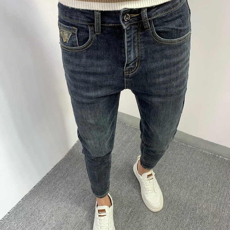 新款牛仔裤男秋冬季潮流美式复古时尚刺绣修身小脚男士高档九分裤