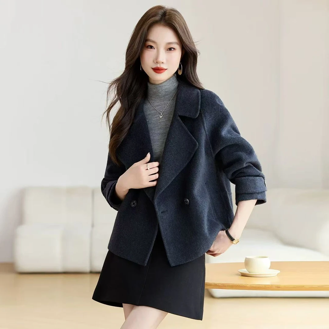 羊毛·子予西装领双扣短款羊毛大衣职场气质外套通勤上衣
