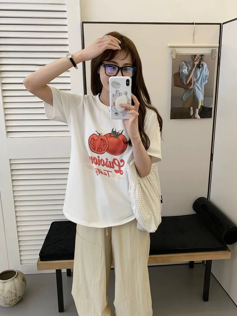 红色番茄美式100%纯棉短袖t恤女2025宽松夏季半袖小众设计感上衣