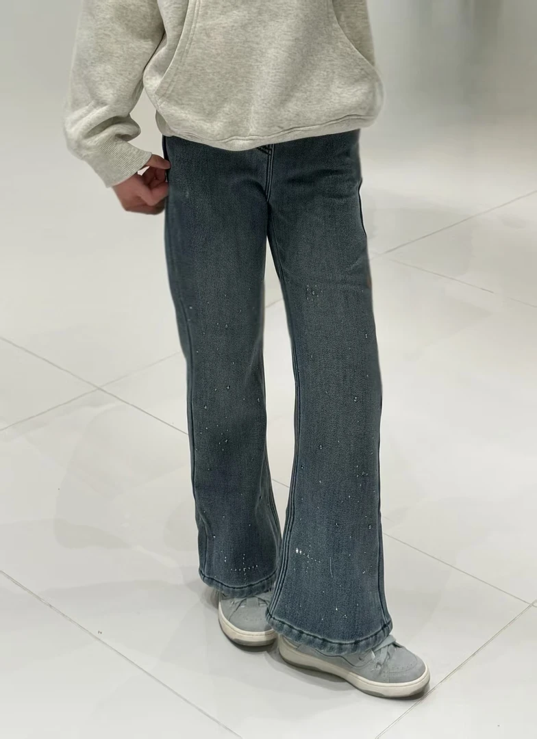 女童秋冬加绒美拉德风高腰百搭烫钻显瘦牛仔裤刺绣冬季微喇23657