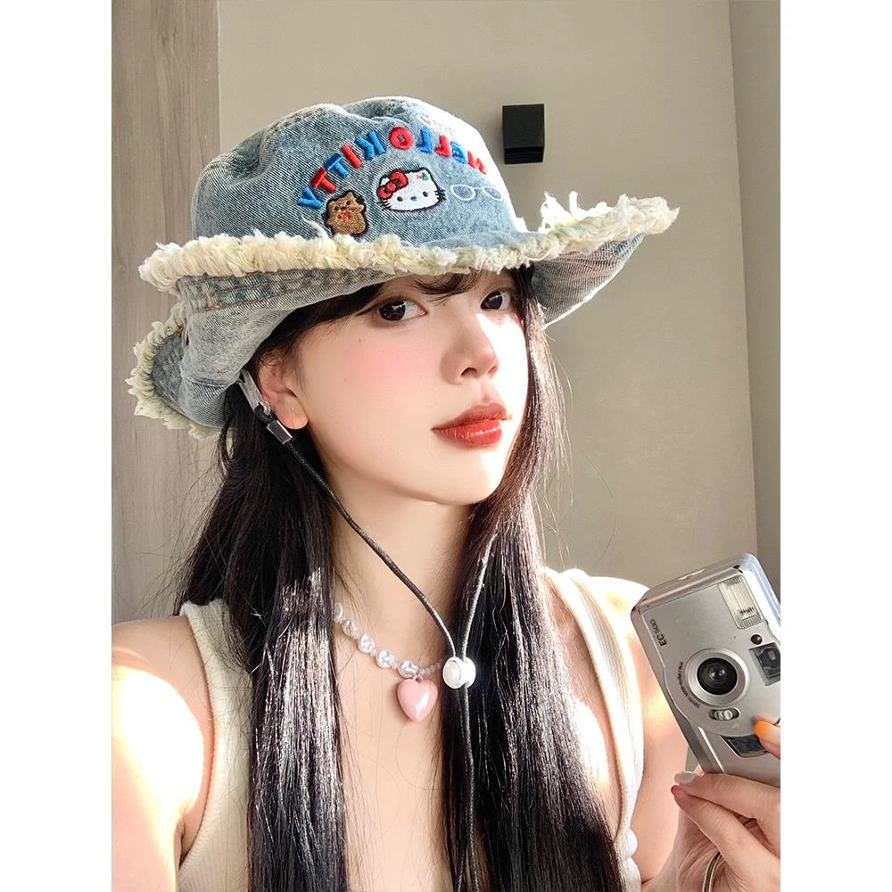 kitty猫水洗牛仔毛边渔夫帽女夏大帽檐遮阳登山帽显脸小帽子