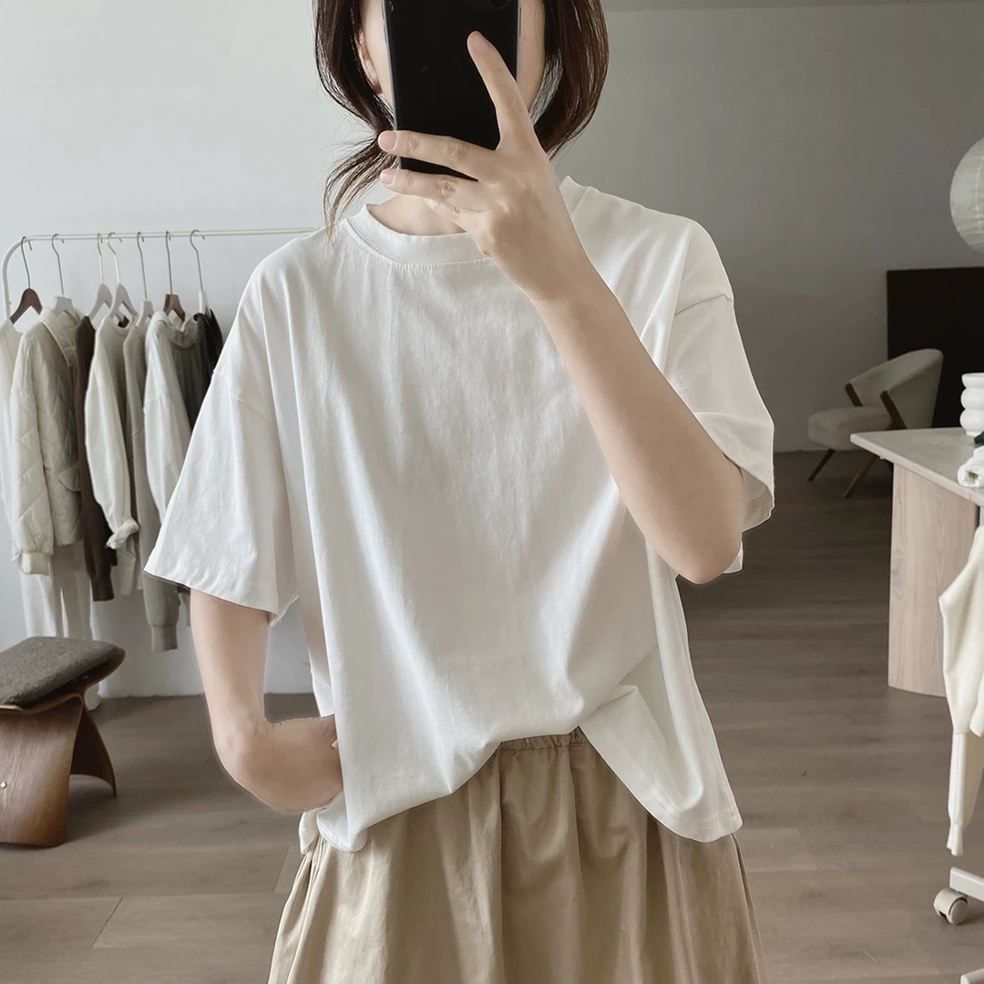 纯棉圆领短袖T恤女夏季新款宽松短款显瘦韩版简约百搭设计感上衣