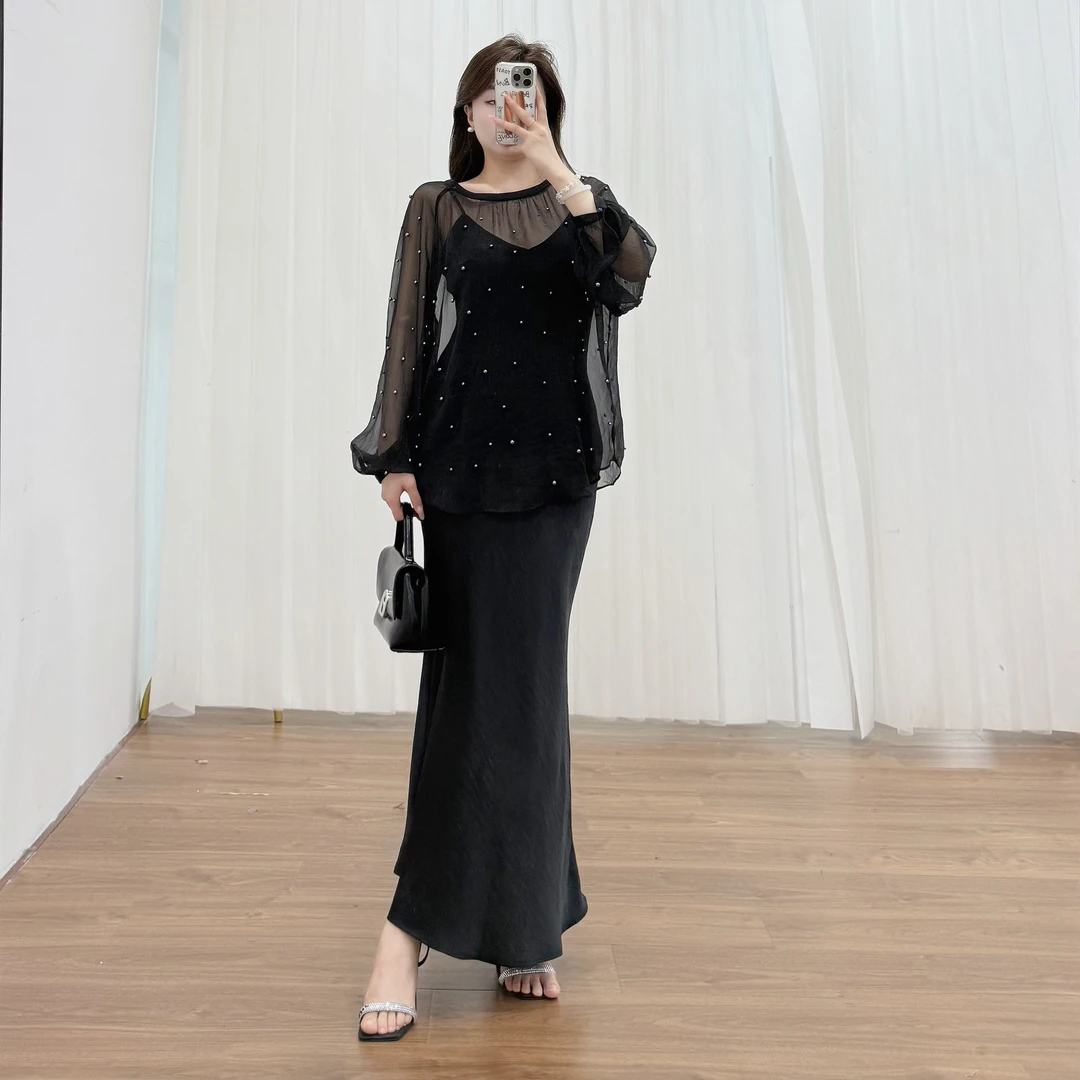 【何包蛋 】法式气质名媛夏款长袖钉珠罩衫修身长裙套装