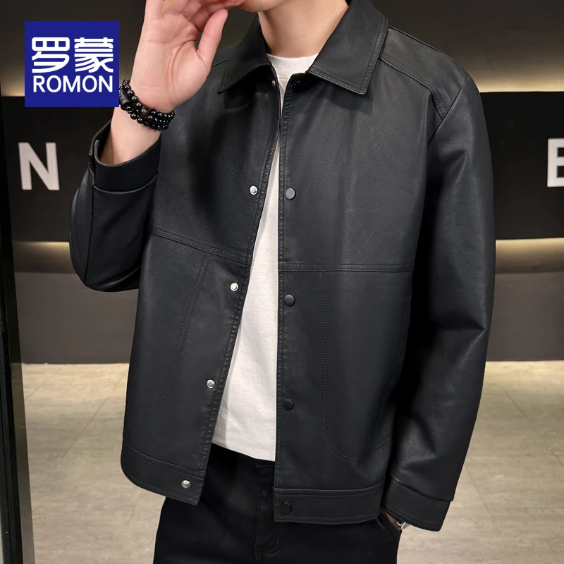 罗蒙男士时尚翻领皮夹克秋冬男款2025新款宽松潮牌青年皮衣外套男